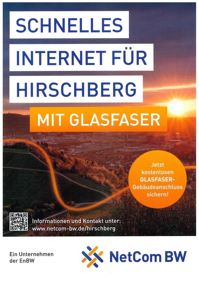 Plakat für den Glasfaserausbau in Hirschberg mit Link zu www.netcom-bw.de/hirschberg